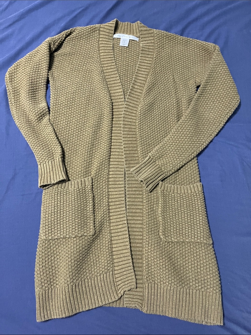 Max Studio Long Open-Front Knit Cardigan with Pockets in Olive Green